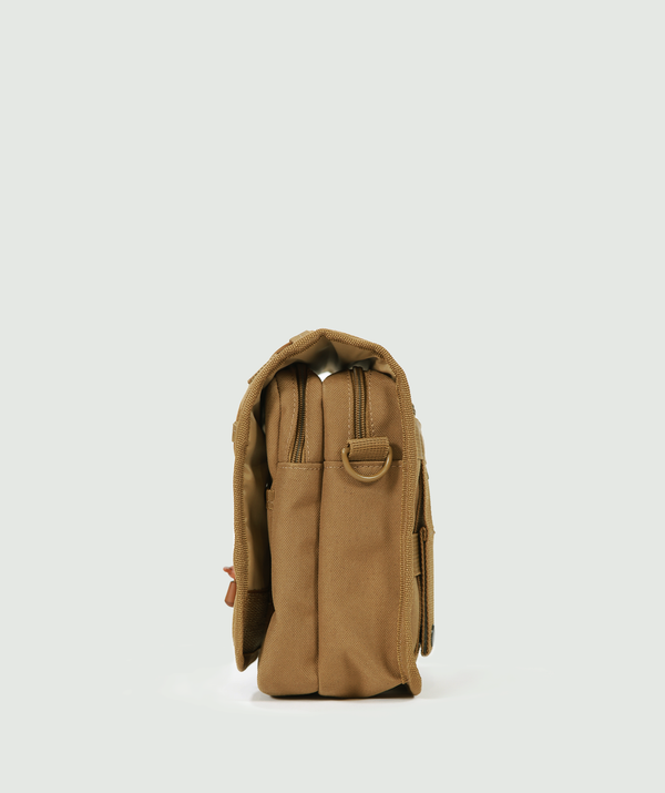 a side for Tan crossbody bag with adjustable strap, front pocket