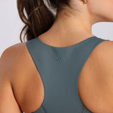close up view for  back view of fit woman wearing bra stormy grey 