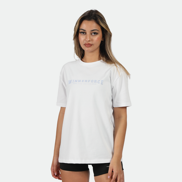 a fit woman wearing t-shirt white with logo and short black 