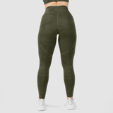 a back view for woman wearing  olive camouflage legging with shoes white ,the background is light grey 