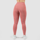 a back view for fit woman wearing camo orange legging and shoes white ,plus the background is light grey 