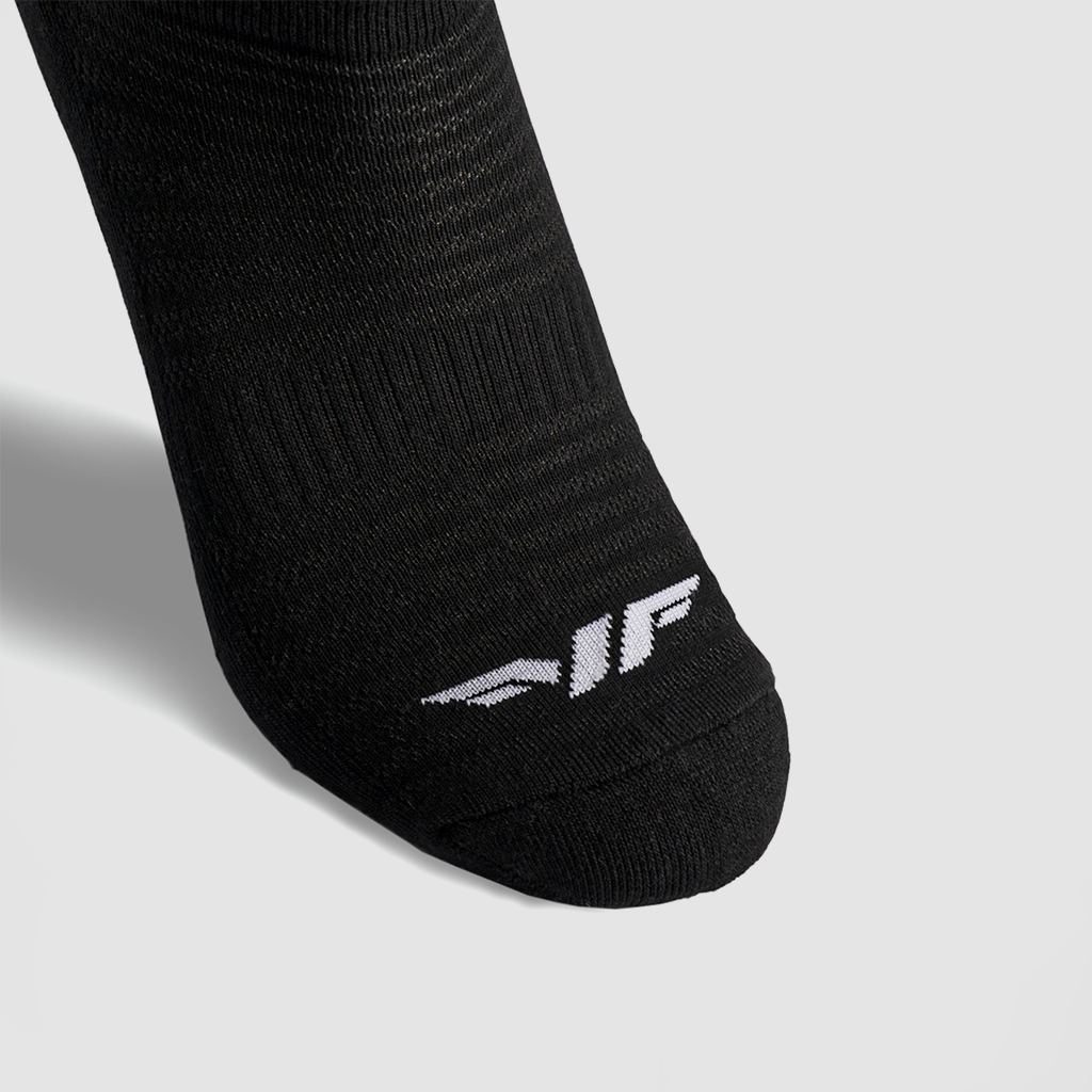 close up view for socks black with logo white 