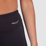 close up view for fit woman wearing legging black with logo 