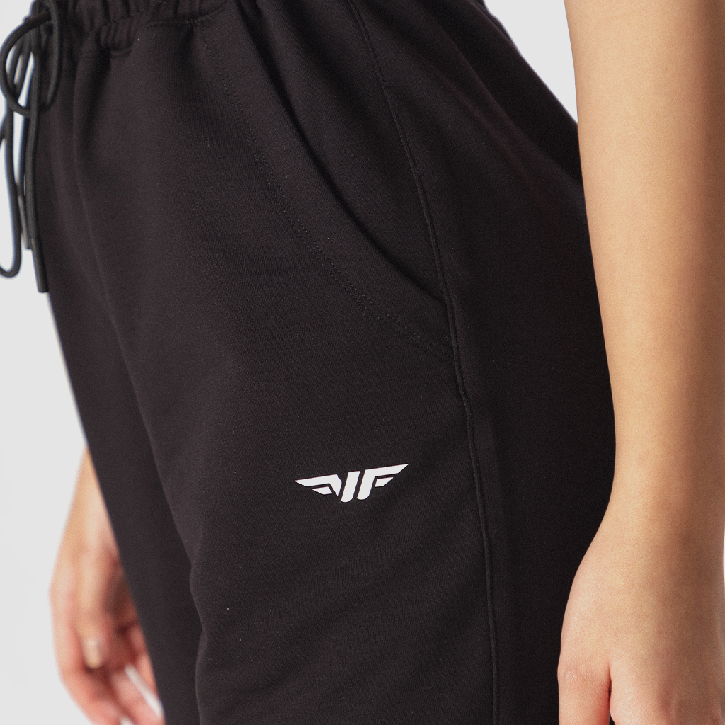 close up view for pockets of short  black with logo white ,plus the background is light grey 