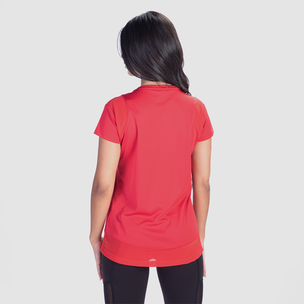a back view for fit woman wearing t-shirt  red  with legging black 