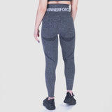 a back view for woman wearing legging grey and have a bag logo ,she wearing shoes black ,the background is  light grey 