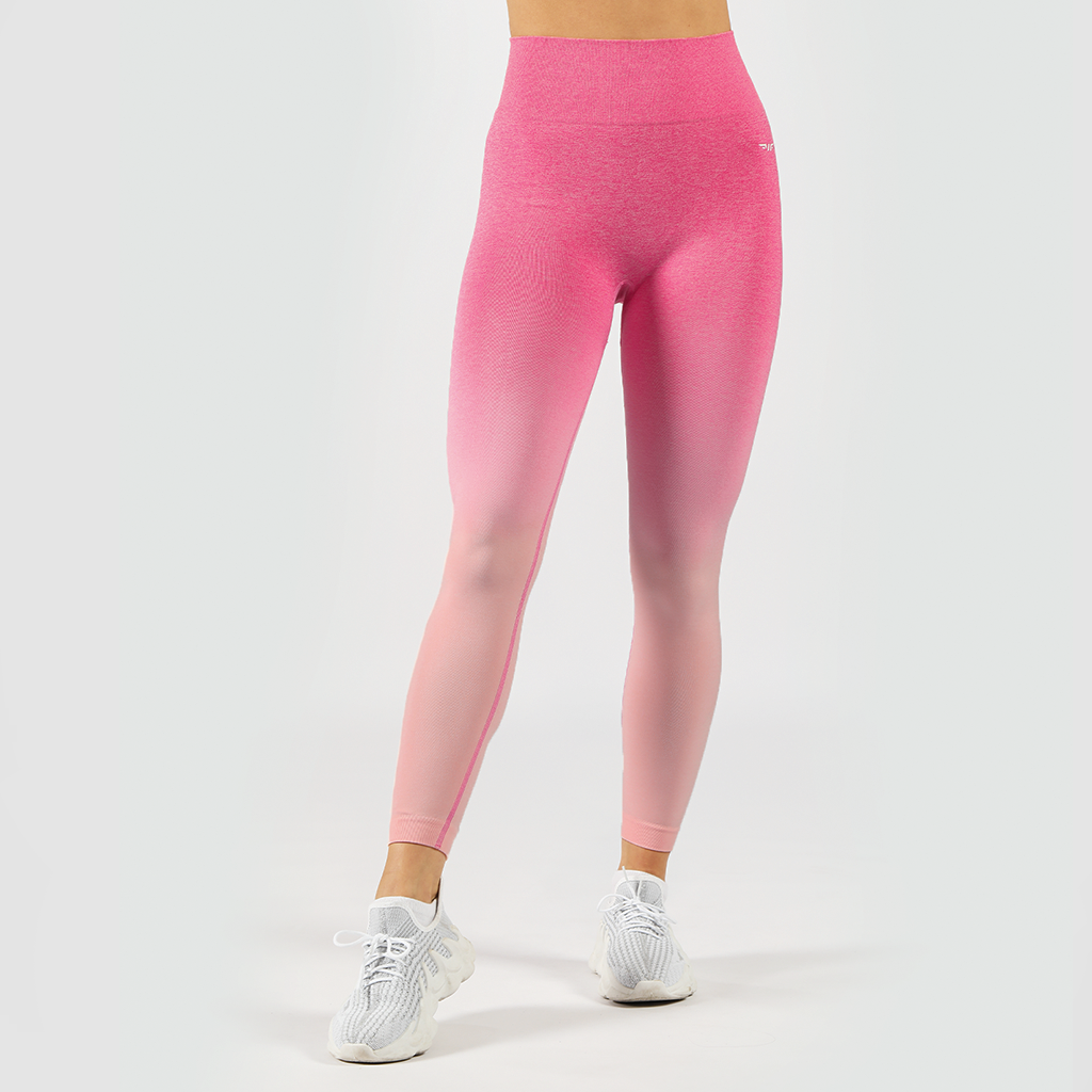 a fit  woman  wearing legging pink   with logo white  and sneakers ,plus background light grey 