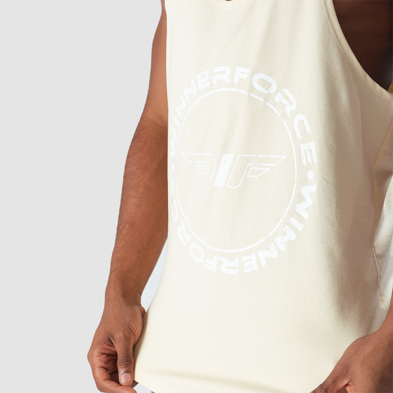 close up view for fit man wearing tank afterglow with logo