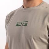 close up view for fit man wearing t-shirt agate grey with logo green 