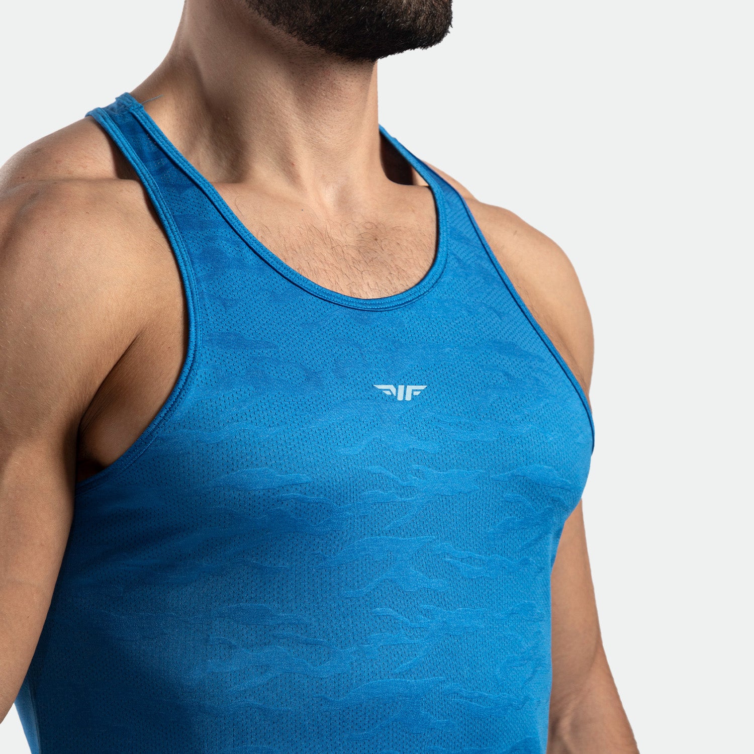 close up view for camo tank azure blue with logo in half 
