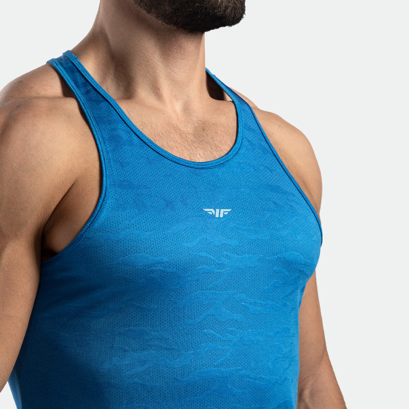 close up view for camo tank azure blue with logo in half 