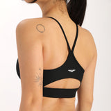 a back view for women wearing bra  black with special design ,plus logo 