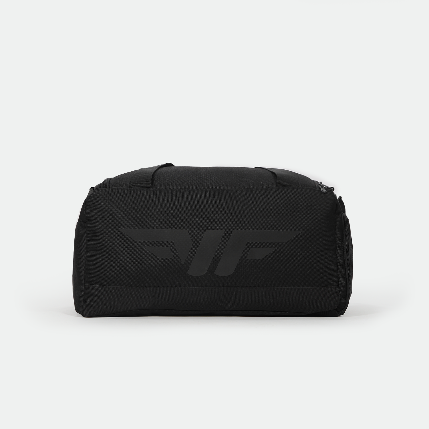 Black duffel bag with a textured fabric, featuring a silver logo on the shoulder strap. The bag exudes a sleek and functional design.