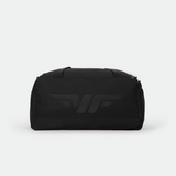 Black duffel bag with a textured fabric, featuring a silver logo on the shoulder strap. The bag exudes a sleek and functional design.