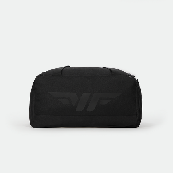 Black duffel bag with a textured fabric, featuring a silver logo on the shoulder strap. The bag exudes a sleek and functional design.