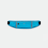 A DRESDEN-BLUE running belt with three zippered pockets featuring bright yellow zippers, displayed against a plain light gray background