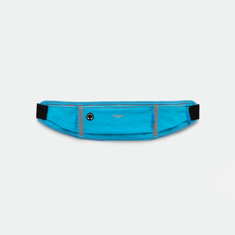 A DRESDEN-BLUE running belt with three zippered pockets featuring bright yellow zippers, displayed against a plain light gray background