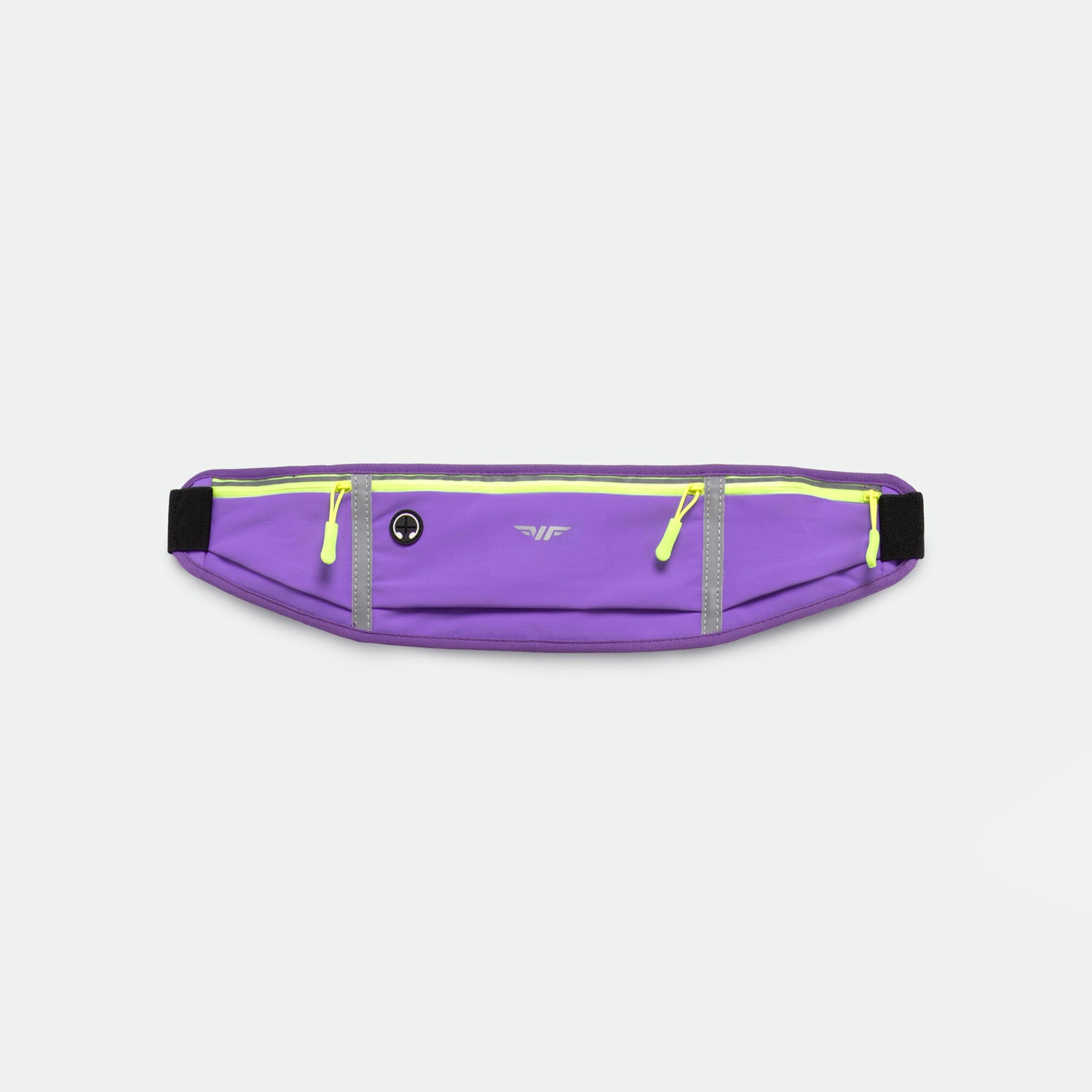 A REBECCA-PURPLE running belt with three zippered pockets featuring bright yellow zippers, displayed against a plain light gray background