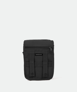 side for A small, black crossbody shoulder bag with an adjustable strap ,plus zipper and logo 