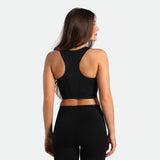 a back view for fit woman wearing matching set black ,bra and legging 