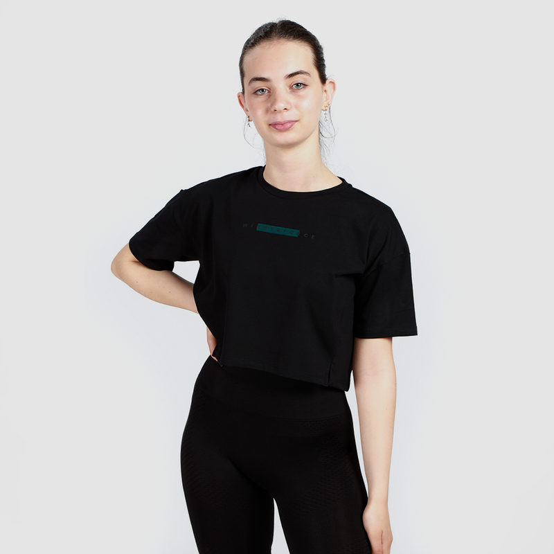 WOMEN-ESSENTIAL-CROPPED-OVERSIZE T-SHIRT -(BLACK)