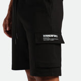 close up view for pocket of short black with logo 