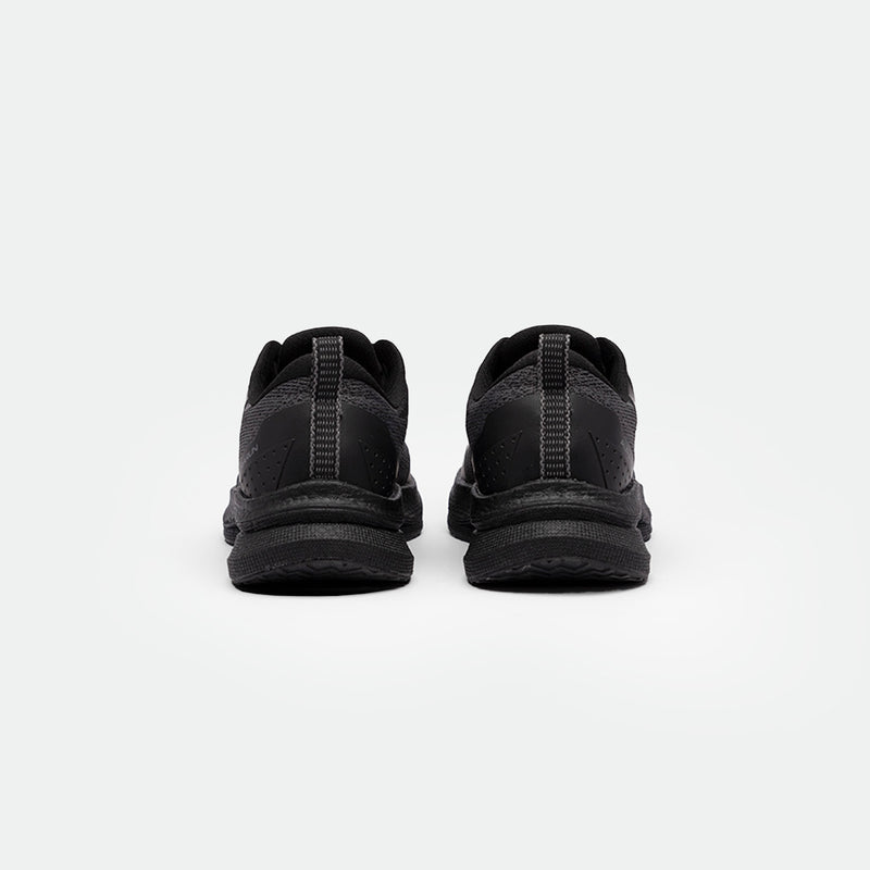 A pair of black running shoes shown from the back against a plain white background. The shoes have a sleek design, dark laces, and a textured sole.