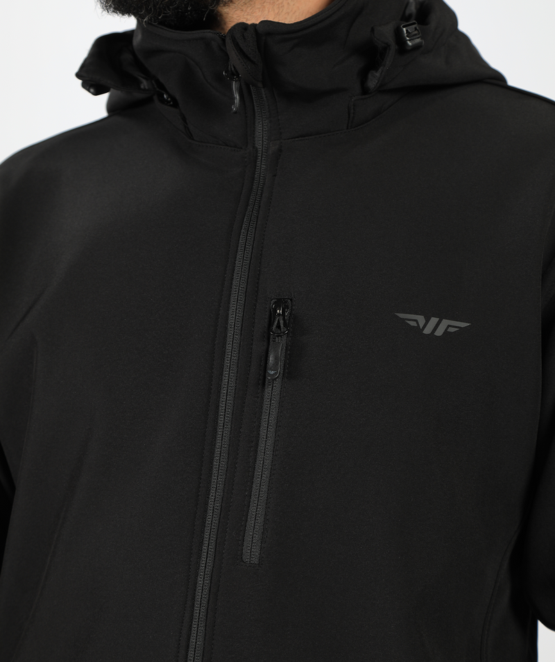 A close-up of a person's wearing aoplo black with zipper and logo 