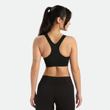   a back view for  Women wearing  bras and leggings same color black ,