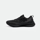 Sleek black running shoes with textured mesh and rubber sole. Features subtle logo and lace-up design, conveying a modern, sporty aesthetic.