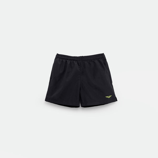 High-waisted shorts with a green logo on the front, plus a light grey background.