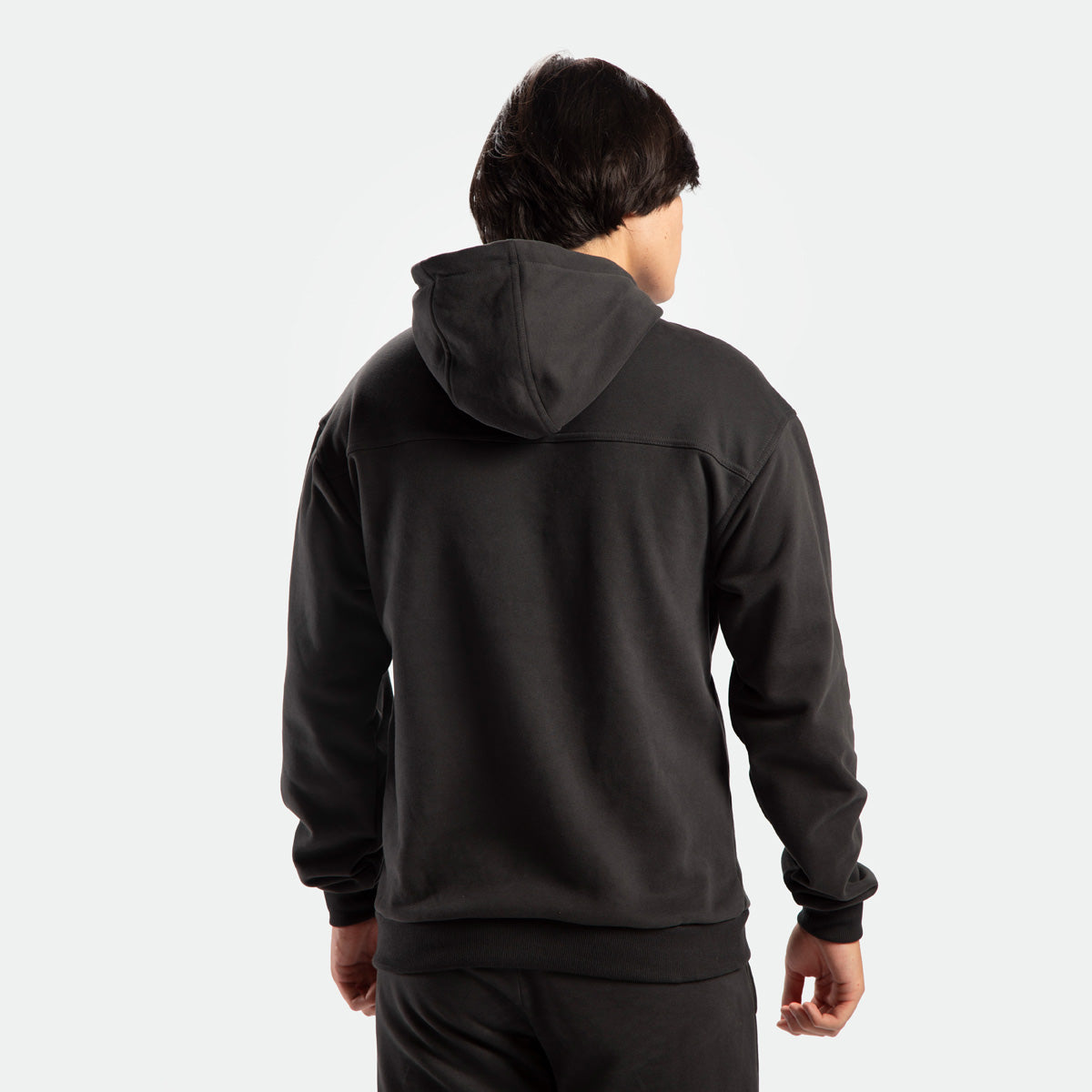a back view for fit man wearing hoodie pirate black with pants 