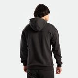 a back view for fit man wearing hoodie pirate black with pants 