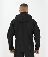 a back view or fit man wearing a polo jacket black with two zipper ,plus he wearing pants black 