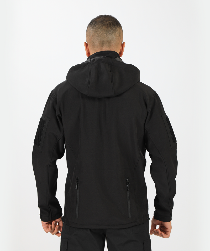 a back view or fit man wearing a polo jacket black with two zipper ,plus he wearing pants black 