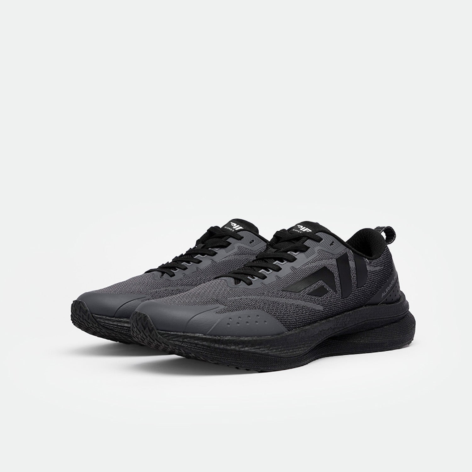 Sleek black running shoes with gray mesh and black laces, angled slightly to the left on a plain white background, conveying a modern, sporty vibe.