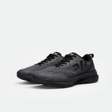Sleek black running shoes with gray mesh and black laces, angled slightly to the left on a plain white background, conveying a modern, sporty vibe.