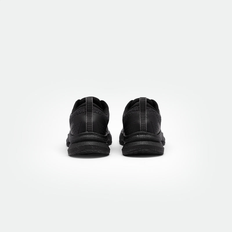 Back view of a pair of black running shoes on a white background. The shoes have textured soles, perforated details, and a sleek, modern design.