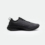 Sleek black running shoes with mesh fabric and perforated details. The shoes features a thick sole for comfort and a minimalist design, set against a plain background