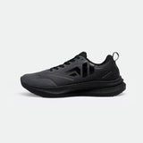 Sleek black athletic shoes with textured mesh, featuring a prominent heel loop and curved sole. Modern design exudes a sense of power and agility.