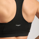 close up view for back view of woman wearing bra black with logo 
