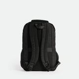 Back view of a black backpack featuring two adjustable padded shoulder straps, a padded back panel with breathable mesh, and a sturdy top handle