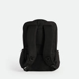 Back view of a black backpack featuring two adjustable padded shoulder straps, a padded back panel with breathable mesh, and a sturdy top handle