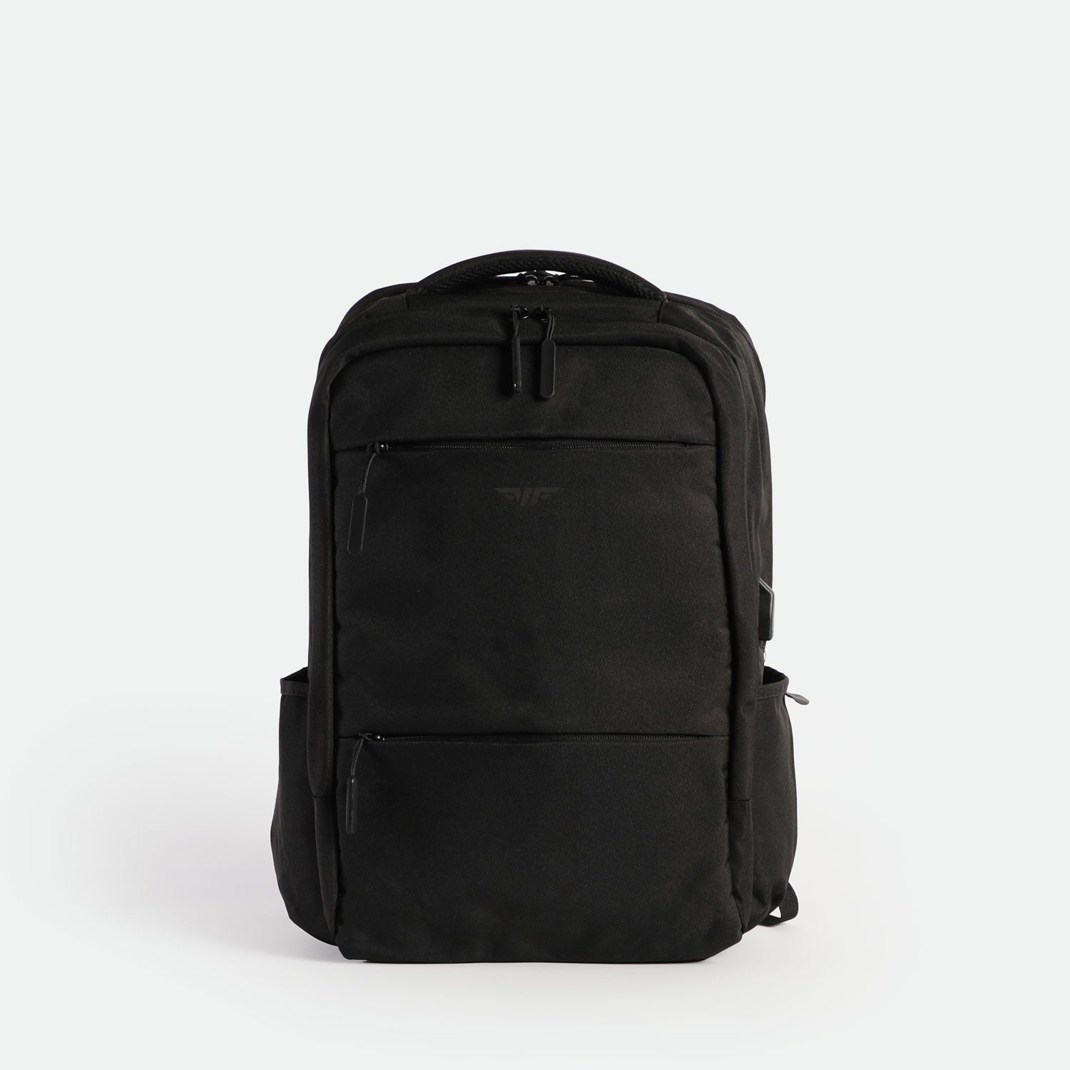 A black backpack with two front zippered pockets, side pockets, and a top handle