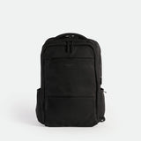 A black backpack with two front zippered pockets, side pockets, and a top handle