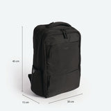 A black backpack is shown with dimensions labeled: 45 cm tall, 30 cm wide, and 15 cm deep. The bag has front and side zippered pockets.