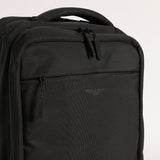 close up view for black  backpack  with logo and zipper 