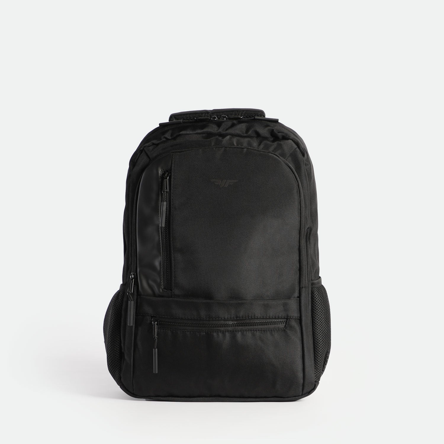 Sleek black men's fitness backpack with a minimalist design, front zipper pockets, side mesh compartments, and durable, water-resistant material