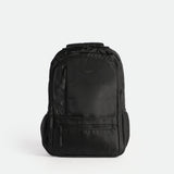 Sleek black men's fitness backpack with a minimalist design, front zipper pockets, side mesh compartments, and durable, water-resistant material