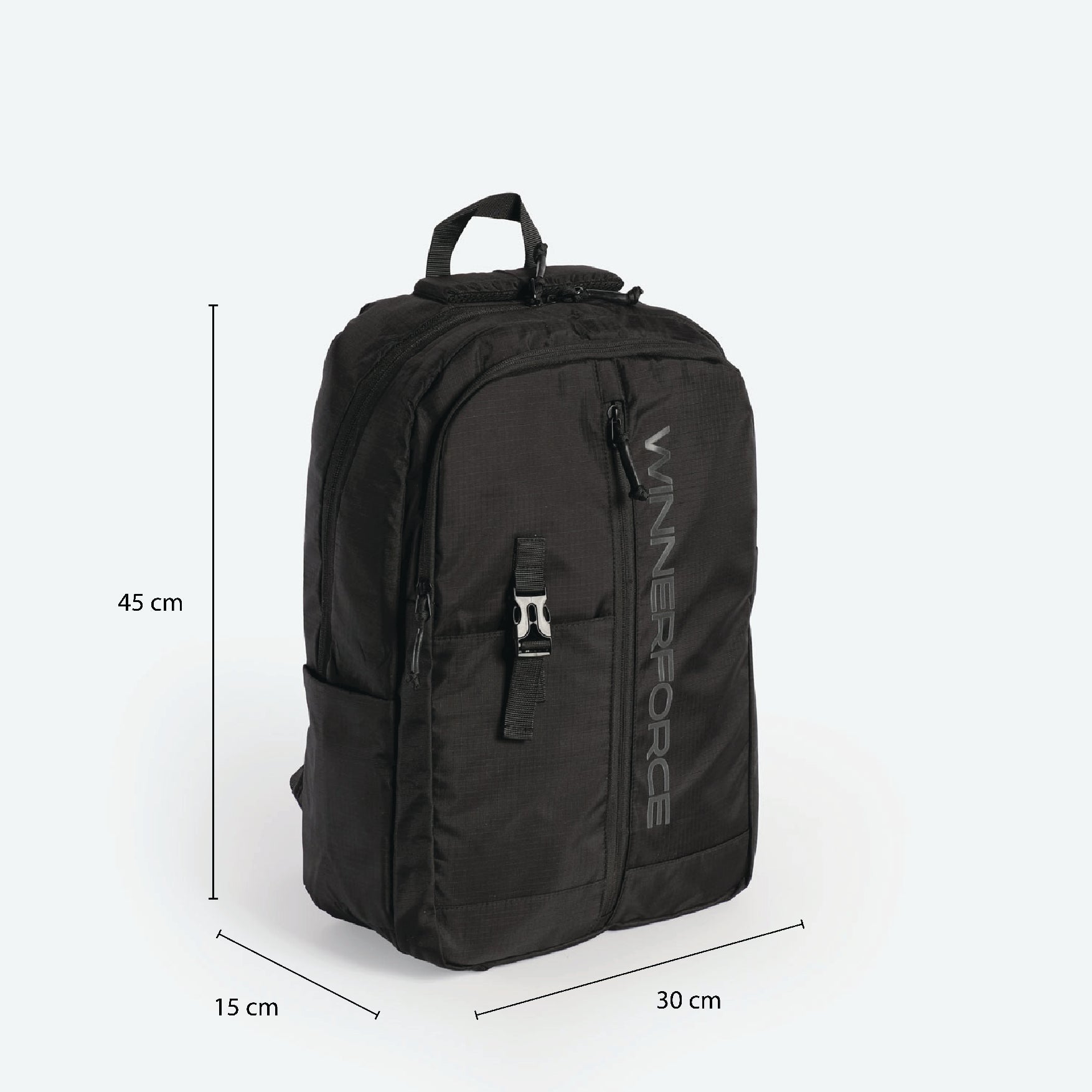 A black backpack is shown with dimensions labeled: 45 cm tall, 30 cm wide, and 15 cm deep. The bag has front and side zippered pockets.